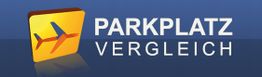 Logo mit Text "Parkplatzvergleich" und gelbem Symbol eines Flugzeugs auf blauem Hintergrund.