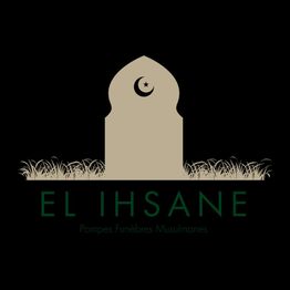 Logo avec une stèle beige, demi-lune et étoile, texte "EL IHSANE" et "Pompes Funèbres Musulmanes".