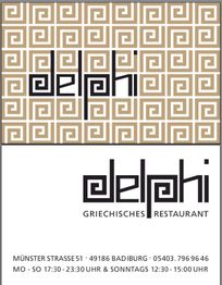 Griechisches Restaurant "Delphi" mit geometrischem Design, Adresse und Öffnungszeiten.