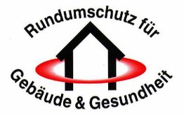 Haus-Symbol mit rotem Kreis und Text: "Rundumschutz für Gebäude & Gesundheit" in Schwarz.