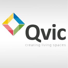 Logo de Qvic con eslogan "creating living spaces" y un diseño colorido geométrico.