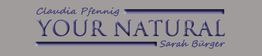 Textlogo: "Claudia Pfennig YOUR NATURAL Sarah Bürger" auf grauem Hintergrund in lila Schrift.