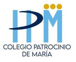 Logo del Colegio Patrocinio de María con iniciales H y M en azul y tres puntos dorados.