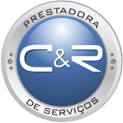 Logotipo circular azul e prateado com as letras "C&R" e texto "Prestadora de Serviços".