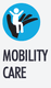Logo con mano nera che sorregge figura bianca su sfondo blu. Testo: "Mobility Care".