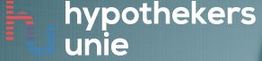 Logo van Hypothekersunie op grijze achtergrond met blauwe en rode structuur.
