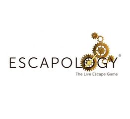 Logo of Escapology with gear elements and the slogan "The Live Escape Game."
