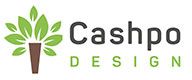 Logo mit grünem Blattbaum links und dem Text "Cashpo Design" in Schwarz und Grün daneben.