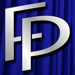 Silver "FP" logo on a blue curtain background.