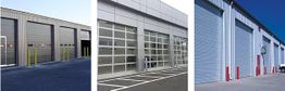 Three different industrial garage doors aligned side by side in separate buildings.