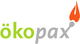 Grüner "ökopax" Schriftzug mit orangener Flammen-Grafik rechts.