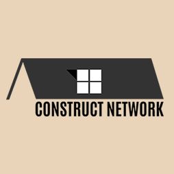 Logo of Construct Network featuring a stylized roof and window on a beige background.