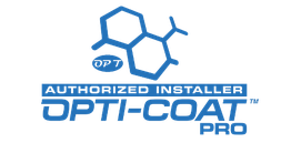 Logo van Opti-Coat Pro met blauwe chemische structuur en tekst "Authorized Installer".