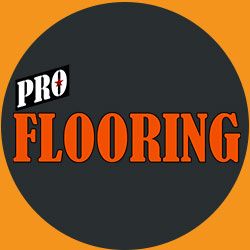 Logo: "Pro Flooring" in orange letters on a dark circle with an orange border.