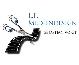 Logo: L.E. Mediendesign, Sebastian Voigt. Schere mit Filmstreifen und Augen, Text: Bild, Ton, Schnitt.