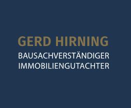 Text: Gerd Hirning, Bausachverständiger, Immobiliengutachter. Hintergrund: Dunkelblau.