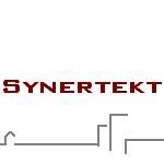 Text "SYNERTEKT" in Rot, darunter eine abstrakte graue Linienzeichnung.