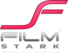 Logo mit rotem, geschwungenem "SF" und darunter "Filmstark Imagefilme & Reportagen" in Silbertext.