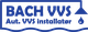 Blåt logo for BACH VVS med teksten "Aut. VVS installatør" og ikon af dråbe og lampe.