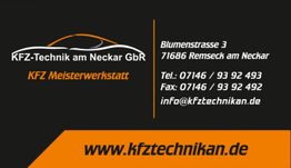 Visitenkarte von KFZ-Technik am Neckar GbR mit Kontaktdaten und Website in Orange und Schwarz.