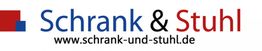 "Logo mit Text Schrank & Stuhl und Website www.schrank-und-stuhl.de in Blau und Rot."