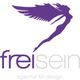 Lila Silhouette mit Flügeln und Text "freisein agentur für design".
