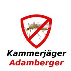 Insekt unter Verbotssymbol, Text: Kammerjäger Adamberger.