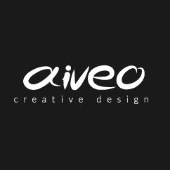 Logo mit Schriftzug "aiveo creative design" in weiß auf schwarzem Hintergrund.