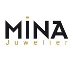 Schwarzes und goldenes Logo mit Schriftzug "MINA Juwelier" auf weißem Hintergrund.