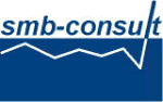 Logo mit Text "smb-consult" und stilisierter Linie auf blauem Hintergrund.