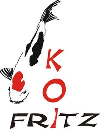 Koi-Fisch-Logo mit dem Schriftzug "Koi Fritz", Fisch grafisch dargestellt in Schwarz und Rot.