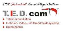 Logo mit Text: T.E.D.com, "Mit Sicherheit der richtige Partner", Telekommunikation und Sicherheitssysteme.