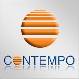 Orange striped circle above "CONTEMPO" text on a light gray background.