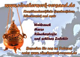 Bronzenes Räuchergefäß mit Text: Weihrauch, Harze, Räucherstoffe und Zubehör.
