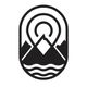 Mountain emblem with waves and circular pattern above, in bold black and white design.