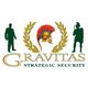 Logo van Gravitas met een helm, laurierbladeren en silhouetten van een zakenman en een krijger.