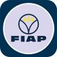 Logo mit halbkreisförmigem Symbol und gelben Strahlen über "FIAP" auf blauem Hintergrund.