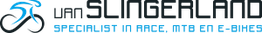 Logo van Slingerland, specialist in racefietsen, mountainbikes en e-bikes met blauwe fietsicoon.