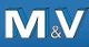 Blauer Hintergrund mit weißem, 3D-Text "M & V".