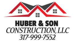 Logo of Huber & Son Construction LLC with three red rooftops and the number 317-999-7552.