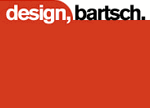 Rotes Logo mit "design, bartsch." in weißer und schwarzer Schrift.