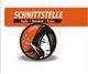 Logo eines Frisörsalons mit Frau, Schere, orangenem Hintergrund und Wort "SCHNITTSTELLE".