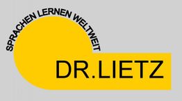 Gelbes Logo mit schwarzem Text: "Sprachen lernen weltweit" und "Dr. Lietz" auf grauem Hintergrund.