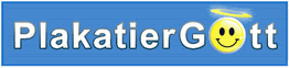 Der Schriftzug "PlakatierGott" auf blauem Hintergrund mit einem lächelnden Smiley und Heiligenschein.
