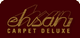Logo mit goldenem Text "ehsan Carpet Deluxe" auf dunkelrotem Hintergrund.
