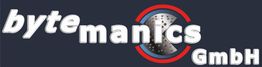 Logo: "bytemanics GmbH" auf dunklem Hintergrund mit stilisiertem Zahnrad.