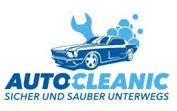 Blaues Logo mit Auto, Schraubenschlüssel und Seifenblasen. Text: AutoCleanic - Sicher und sauber.