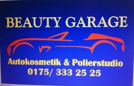 BEAUTY GARAGE Logo in Blau und Orange, Autokosmetik & Polierstudio, mit Telefonnummer.