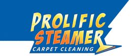 Logo for Prolific Steamer Carpet Cleaning with yellow and orange text on a blue background.