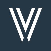 Logotipo com letra "V" estilizada em branco sobre fundo azul escuro.